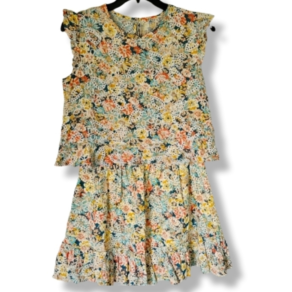 Paisley & Cotton Eyelet 2pc Ruffle Mini Skirt Set Size XS-Small Flutter Sleeve
